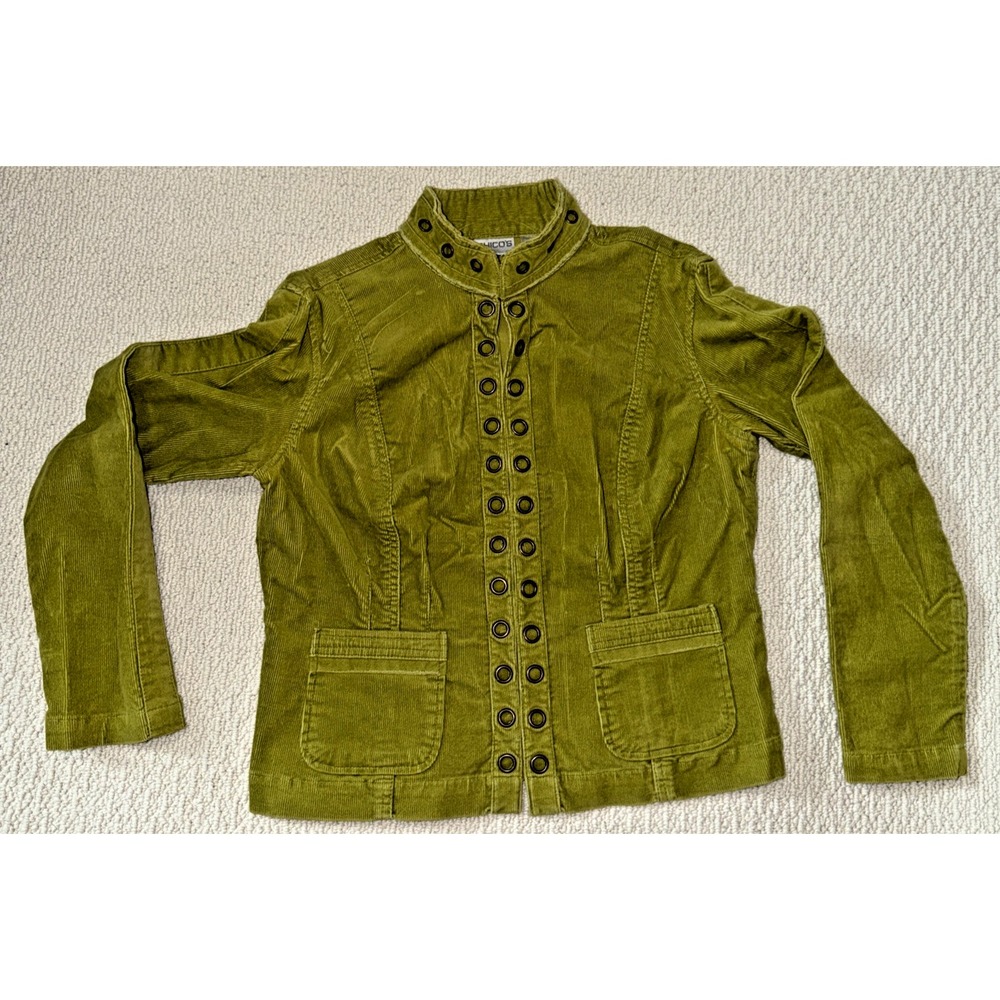 Chico's Size 1 M Olive Corduroy Military Jacket Grommet Stretch Utility